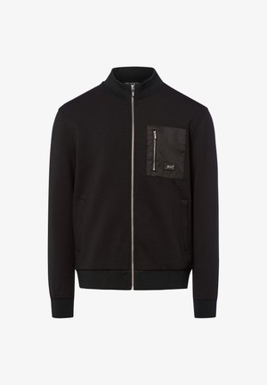 Schwarze Zip-Jacke mit geripptem Kragen, Bündchen und Saum, ausgestattet mit einer mit Reißverschluss versehenen Brusttasche und einem kleinen Logopatch.