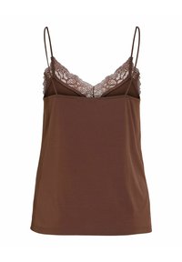 Brązowa koszulka na ramiączkach z koronkowymi zdobieniami na dekolcie, wyposażona w regulowane cienkie paski i wykonana z gładkiego, lekkiego materiału.