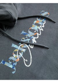 Sweat à capuche gris foncé avec texte coloré à motif abstrait et écriture cursive blanche à l'avant, avec deux cordons reposant sur le tissu.