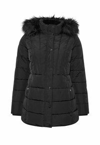 Svart pufferjacka med foder av päls i huvan, quiltad design, framknäppning och sidofickor. Mjuk tygkvalitet och avslappnad passform.