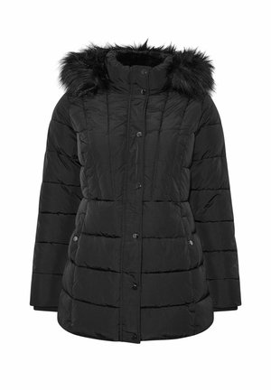 Czarna kurtka puchowa z futrzanym kapturem, pikowaną strukturą, zapięciem na guziki z przodu i bocznymi kieszeniami. Miękka tkanina i luźny krój.