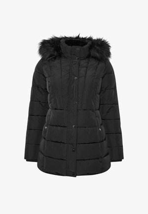 Musta puhvitakki, jossa on turkiskauluspanta, tikattu muotoilu, etupainonappikiinnitys ja sivutaskut. Pehmeä kangas ja rento leikkaus.