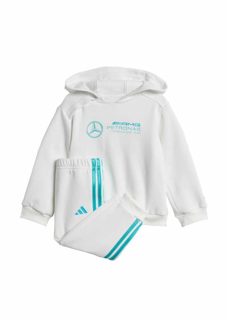 Weißes Hoodie- und Jogginganzug-Set mit türkisen Streifen und Logos, aus weichem Stoff gefertigt, mit lockerer Passform und gerippten Bündchen.