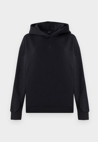 Sudadera negra con capucha en tela suave, con un logo en la parte frontal, mangas largas y un ajuste holgado. Textura lisa con puños acanalados.