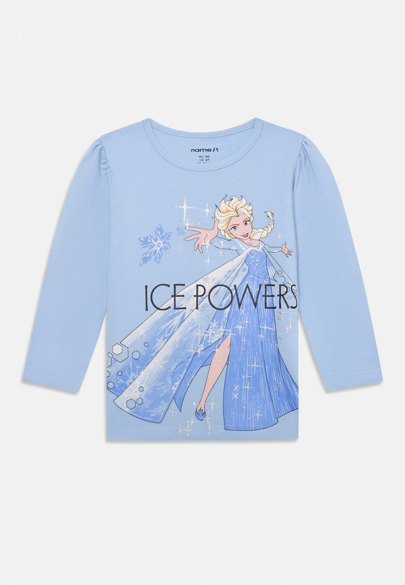Jasnoniebieska koszulka z długim rękawem wykonana z bawełny, z nadrukowaną postacią oraz napisem „ICE POWERS” i wzorem płatków śniegu.