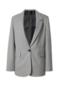 Geruite blazer in zwart en wit met een geknipte kraag, enkele knoopsluiting, twee voorkruiszakken en een soepel zwart satijnen voering.
