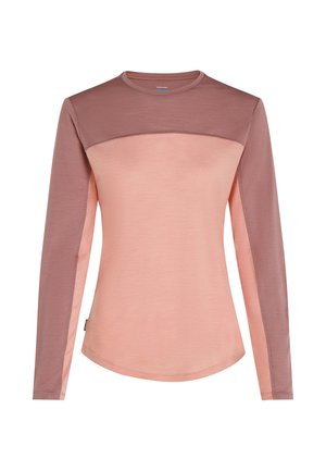 Maglietta a maniche lunghe con una parte inferiore rosa e una parte superiore malva. Tessuto morbido con orlo arrotondato e design a collo rotondo.
