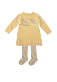 Robe tricotée jaune à manches longues, ornée de motifs d'ours et de détails verts. Accompagnée de collants beiges au toucher doux.