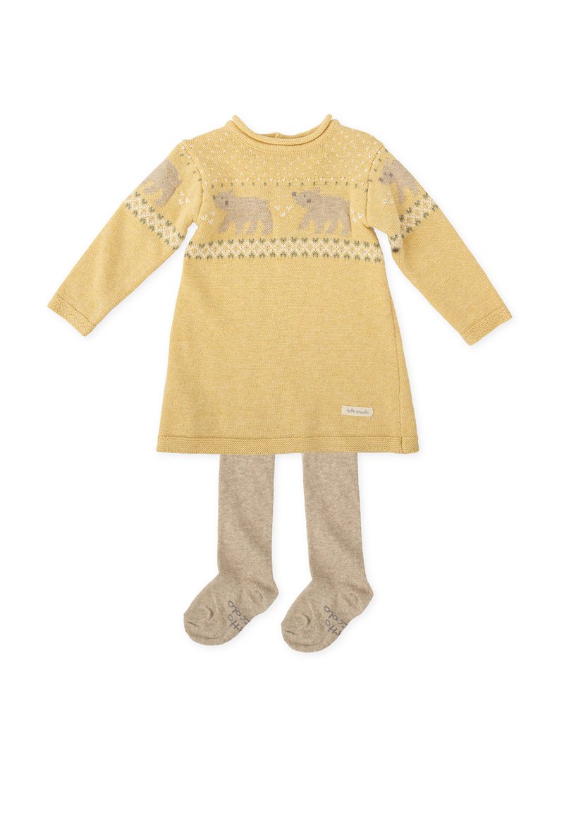 Robe tricotée jaune à manches longues, ornée de motifs d'ours et de détails verts. Accompagnée de collants beiges au toucher doux.