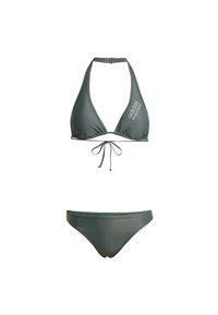 Mörkgrön bikiniuppsättning bestående av en triangulär halterneck-topp med justerbara band och matchande botten, tillverkad av mjukt, elastiskt tyg.