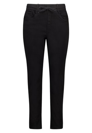 Sorte slim-fit bukser med elastisk taljebånd, snøre, to forlommer og bæltestropper, vist mod en hvid baggrund.