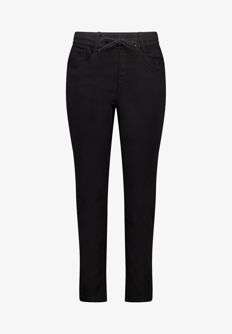 Pantalon noir slim avec taille élastique, lien de serrage, deux poches avant et passants de ceinture, présenté sur fond blanc.