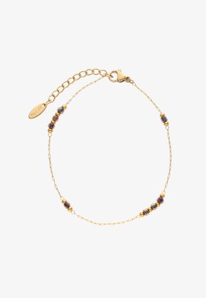 Finom arany lánc karkötő kis, színes gyöngyökkel egyenletesen elosztva, homárkapoccsal és márkázott címkés állítható lánccal.