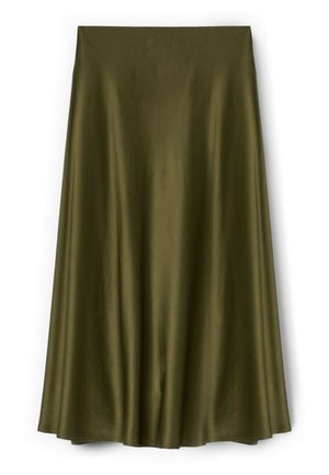Olivengrøn, knælængde A-formet nederdel med glat, let skinnende stof og høj talje, vist fladt på en hvid baggrund.