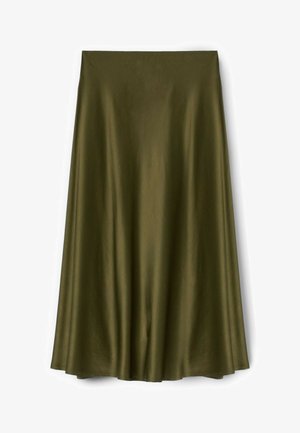 Jupe trapèze longueur genou vert olive, en tissu lisse légèrement brillant avec une taille haute, présentée à plat sur un fond blanc.