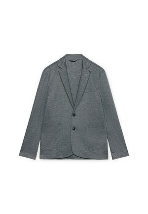 Blazer grigio a due bottoni con rever a incavi e tre tasche frontali, mostrato su sfondo bianco.