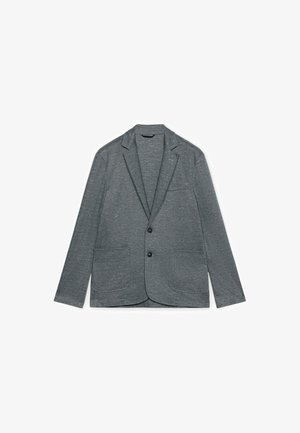 Grijze blazer met twee knopen, met revers met inkeping en drie voorzakken, getoond op een witte achtergrond.