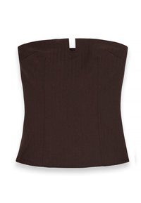 Brown strapless top with a straight neckline, featuring a keyhole detail at the front, made of smooth fabric with a tailored fit.