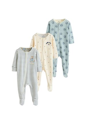 Tre body per neonato: uno a righe blu e bianche, uno crema con piccoli punti e testo, e uno a scacchi blu chiaro con stampe di animali. Tessuto di cotone morbido.