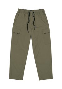 Pantalons cargo vert olive avec une taille élastique et un cordon de serrage noir, comportant des poches latérales et des poches cargo sur chaque jambe.