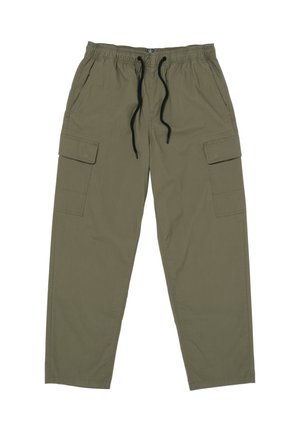 Olive green cargo pants with an elastic waistband and black drawstring, featuring side pockets and cargo pockets on each leg.