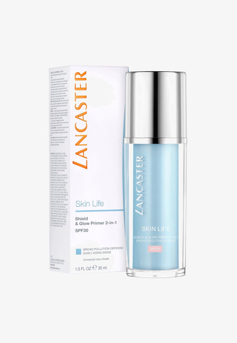 Lancaster Skin Life Shine & Protection Primer 2-en-1 SPF30 avec liquide bleu, bouchon argenté et boîte blanche avec texte orange et noir.