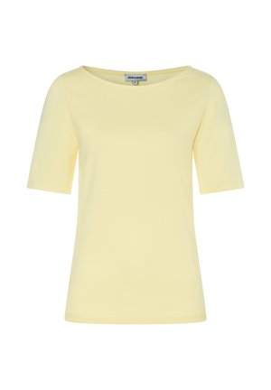 Light yellow short-sleeve crew neck women's top with a slim fit and smooth fabric texture.