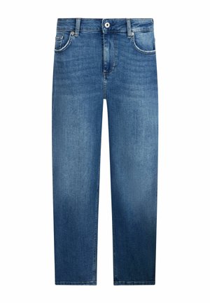 Jean en denim bleu avec une coupe droite, style à cinq poches, fermeture par bouton et fermeture éclair, et légère décoloration au niveau des cuisses.