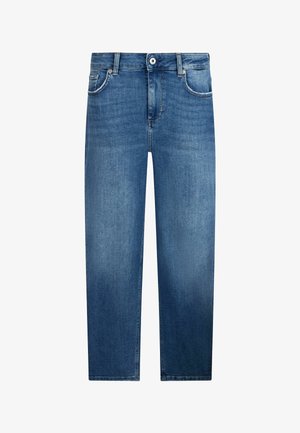 Blå denimjeans med lige ben, fem-lomme-stil, knap- og lynlåslukning samt subtil falmning på lårene.