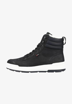 Black high-top sneaker with rubber sole, lace-up front, padded collar, and soft white lining. Features a smooth leather finish and textured accents.