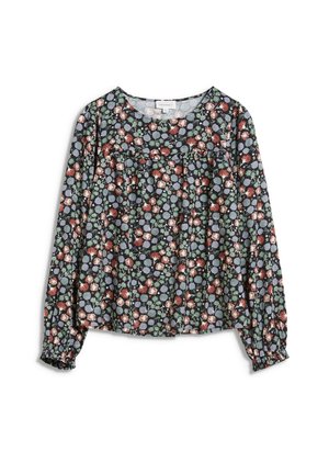 Blouse met lange mouwen, geplooide inzet, elastische boorden en bloemenpatroon in gedempt rood, blauw en groen op een zwarte achtergrond.