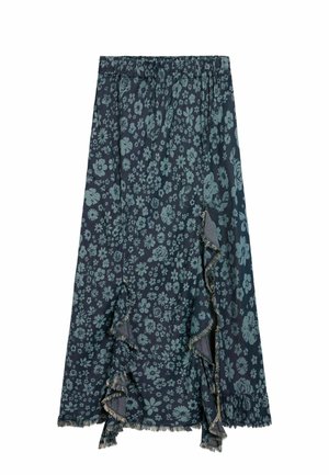 Sötétkék virágos midi szoknya világoskék virágokkal, réteges fodros részletekkel, rojtos szegélyekkel és rugalmas derékrésszel.