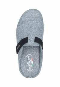 Gray felt slipper with a black fabric strap, round toe, and cushioned insole. Features brand logo and "Anatomic" text on the insole.