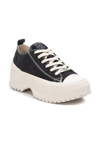 Zapatillas de lona negras con una suela de goma blanca, que presentan cordones gruesos, costuras destacadas y un diseño texturizado distintivo en la suela.
