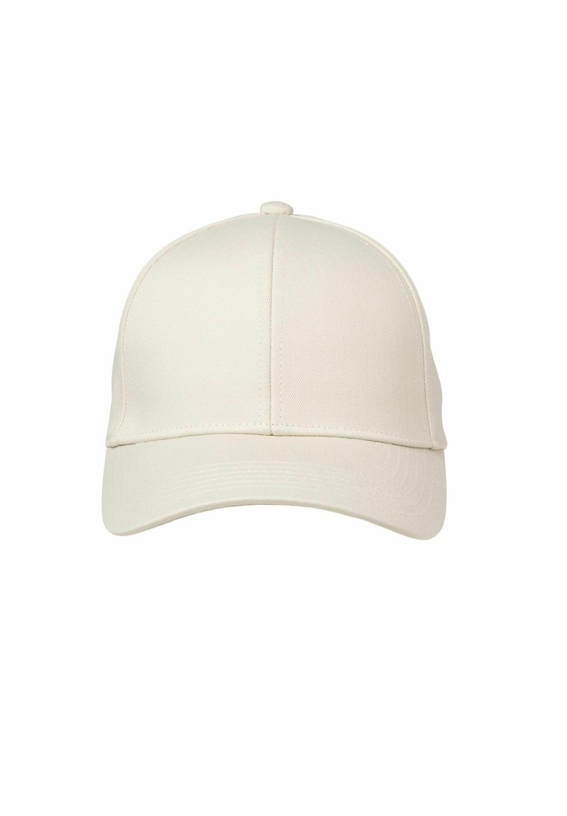 Light beige baseball cap with a curved brim, six-panel design, and a smooth fabric texture. Features a button on top. No visible logos.