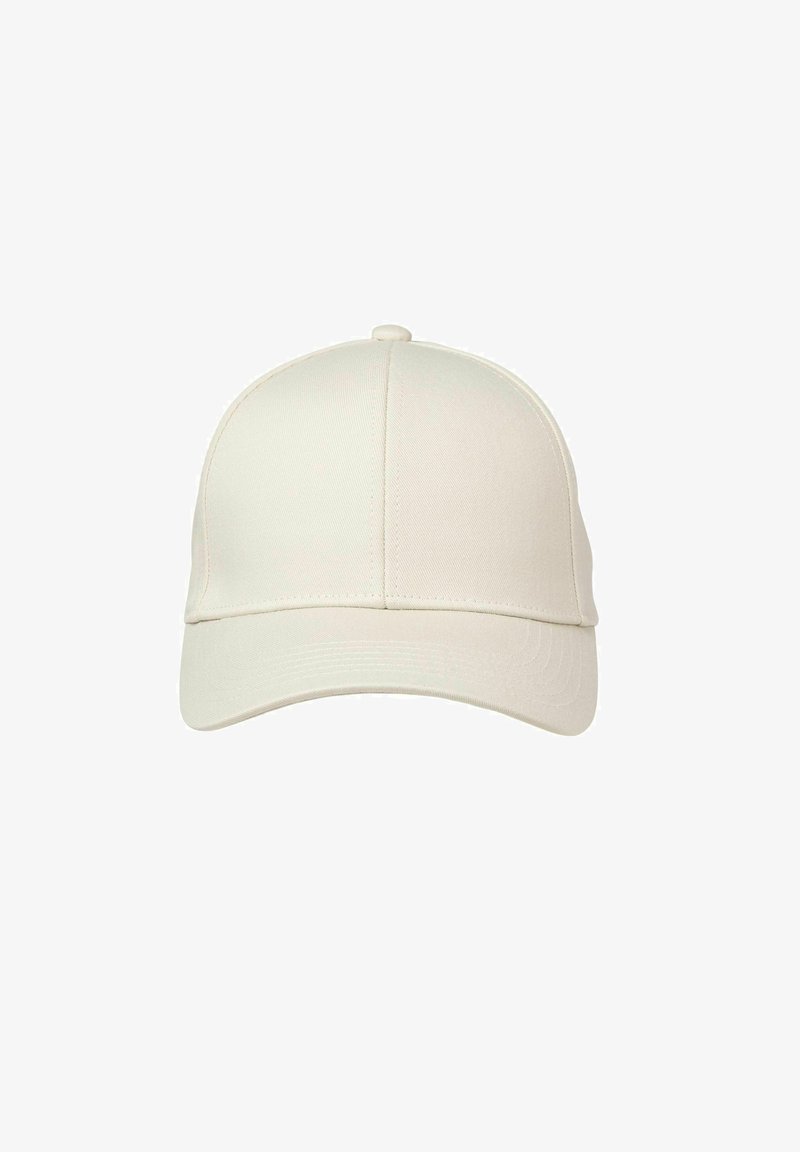 Helle beige Baseballkappe mit einem gebogenen Schirm, sechs Paneelen und einer glatten Stoffstruktur. Verfügt über einen Knopf oben. Keine sichtbaren Logos.