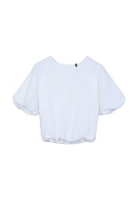 Haut blanc court avec de courtes manches bouffantes, encolure ronde, ourlet froncé et tissu texturé. Présente une petite ouverture à l'arrière.