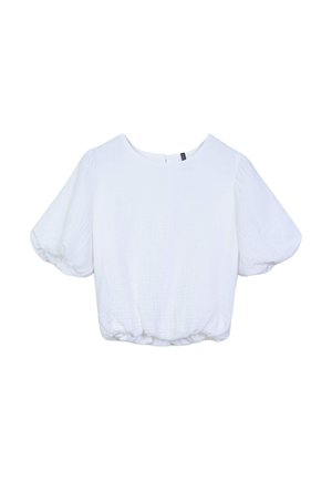 Top corto bianco con maniche a sbuffo corte, scollatura rotonda, orlo arricciato e tessuto texturizzato. Presenta una piccola apertura sul retro.