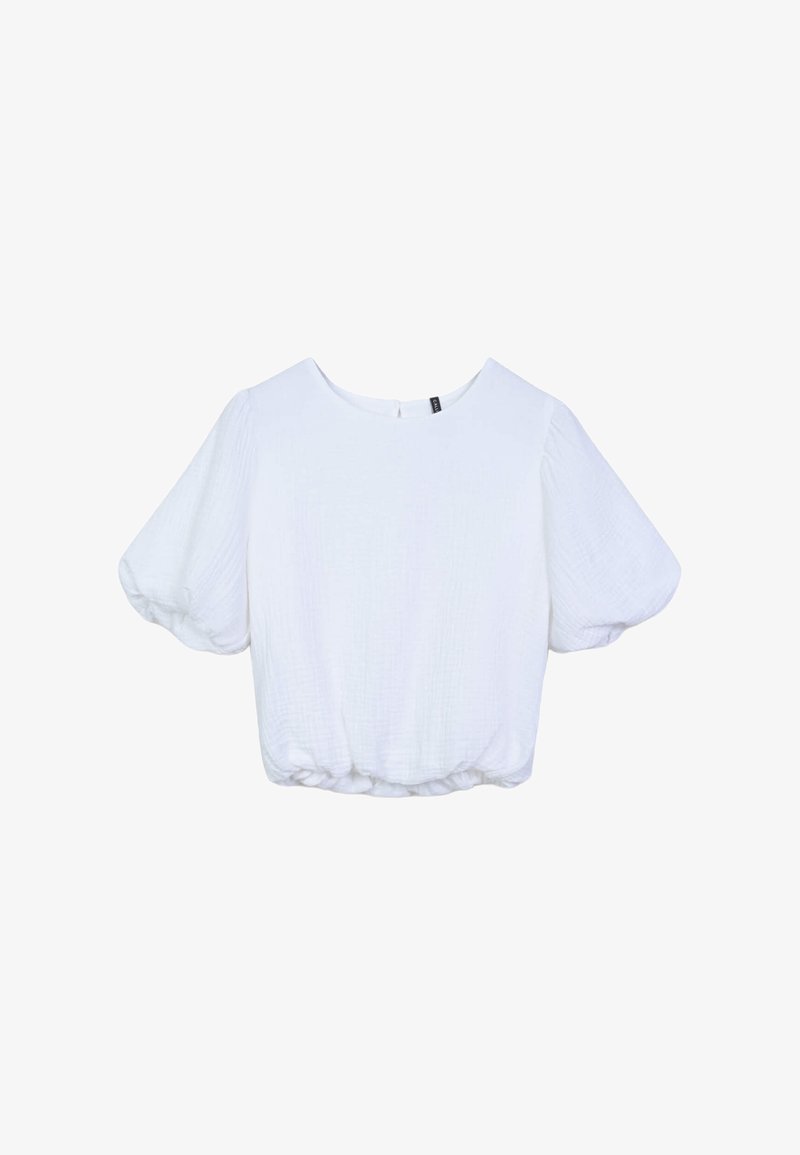 Top corto bianco con maniche a sbuffo corte, scollatura rotonda, orlo arricciato e tessuto texturizzato. Presenta una piccola apertura sul retro.