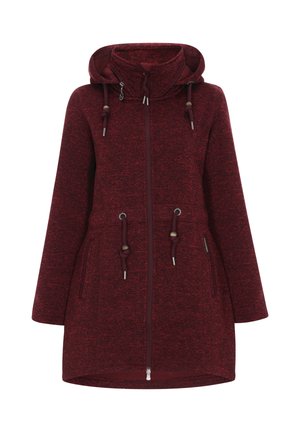 Bordeauxkleurige hoodie-jacket van textuurstof, met ritssluiting en verstelbare trekkoorden. Beschikt over twee zijzakken en een rechte zoom.