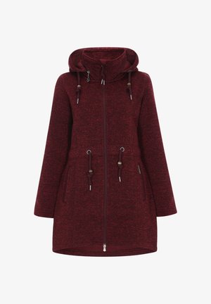 Kohoko, jaket berkerudung dengan kain berbahan bertekstur, penutupan ritsleting, dan tali yang bisa disesuaikan. Dilengkapi dengan dua saku depan dan hem lurus.