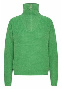 Grüner Strickpullover mit hohem Kragen, ausgestattet mit einem Reißverschluss und kastiger Passform. Hergestellt aus strukturiertem Garn mit langen Ärmeln und gerippten Bündchen.