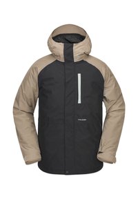 Heren geïsoleerde jack in zwart en beige, met een hoge kraag, capuchon, rits borstzak en knoopsluiting aan de onderkant.