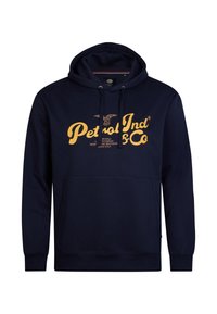 Felpa blu navy realizzata in tessuto morbido con una grande stampa grafica gialla e cordoncino. Presenta una tasca frontale e polsini a coste.