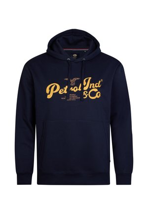 Navyblauwe hoodie van zacht materiaal met een grote gele grafische print en een trekkoord. Heeft een zak aan de voorkant en ribbelboorden.