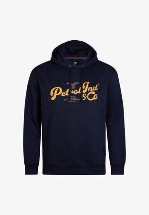 Navyblaue Kapuzenjacke aus weichem Stoff mit einem großen gelben Grafikdruck und Kordelzug. Mit einer Fronttasche und gerippten Bündchen.