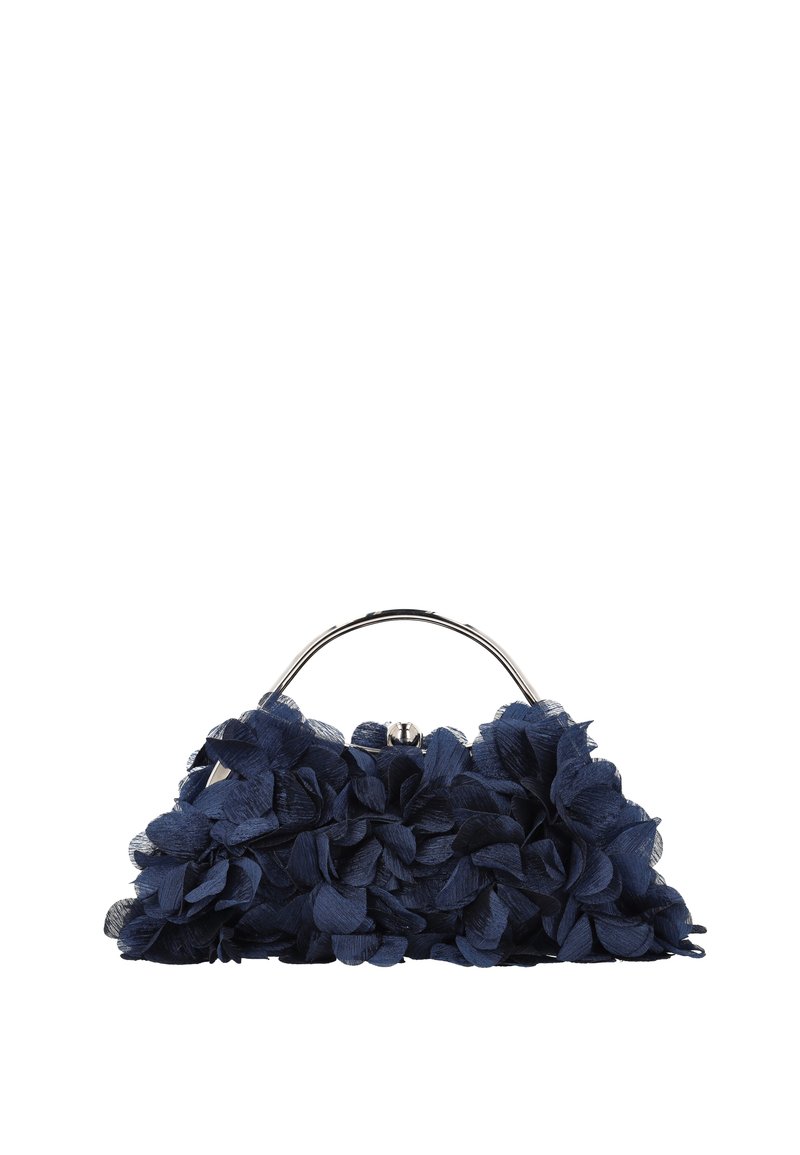 Námořnicky modrá kabelka s texturovanými květinami z tkaniny, kovovým madlem a zapínáním na sponu. Elegantní design s prostorovými květinovými detaily.