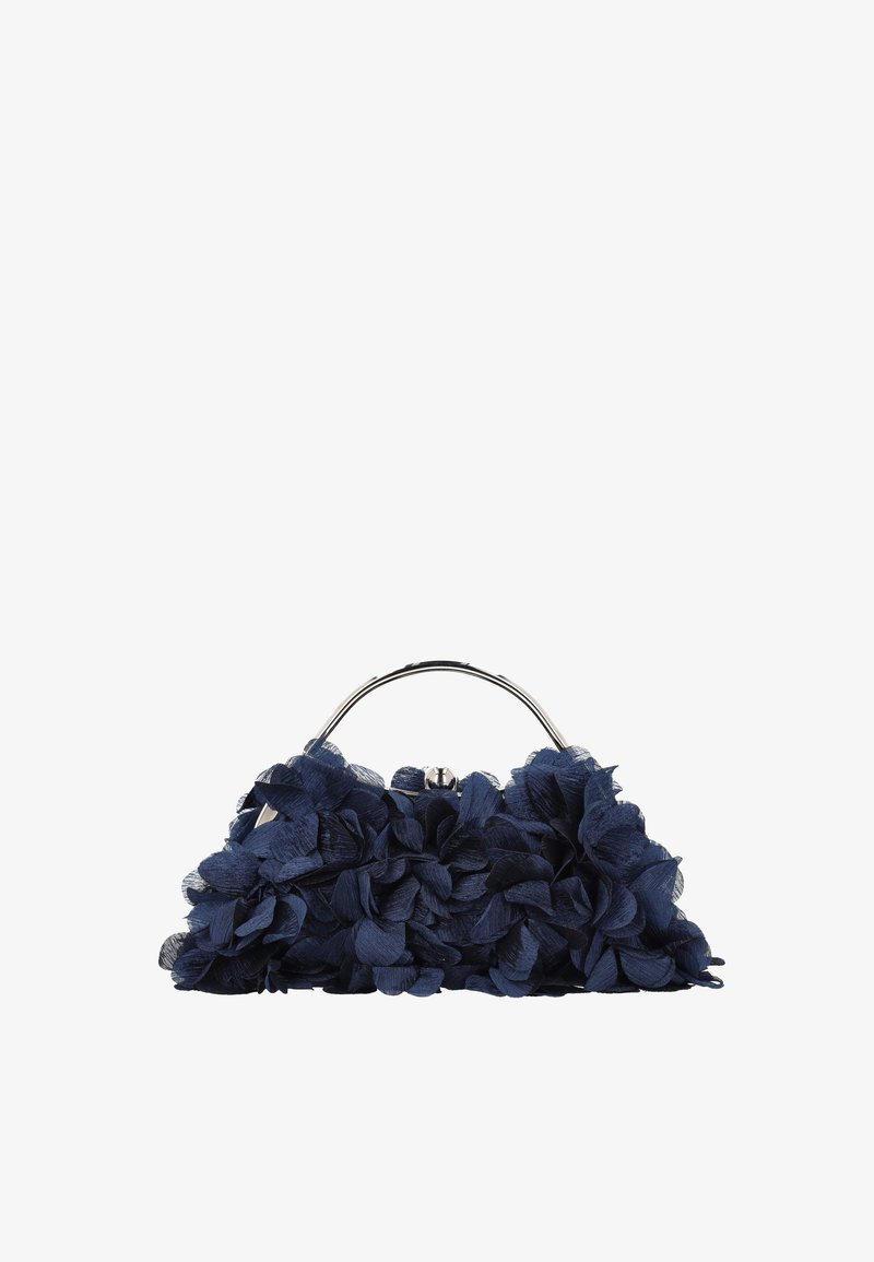 Bolso de mano azul marino con flores de tela texturizada, asa con marco metálico y cierre de broche. Diseño elegante con detalles florales en relieve.