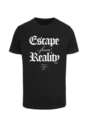 T-shirt en coton noir avec texte blanc, affichant la phrase "Échapper à la réalité" dans une police audacieuse et décorative, accompagnée d'un slogan en dessous.