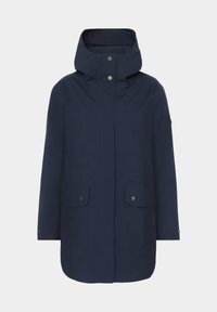 Marineblaue wasserdichte Jacke mit Kapuze, zwei Fronttaschen, Druckknöpfen und geradem Schnitt für eine lockere Passform.